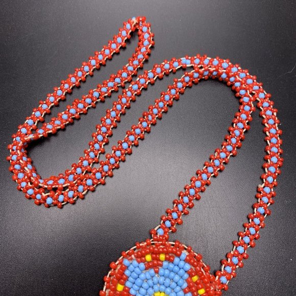 Seed Bead Medallion Star Fringe Pendant Necklace Red Blue Beadwork Vintage - Picture 4 of 6